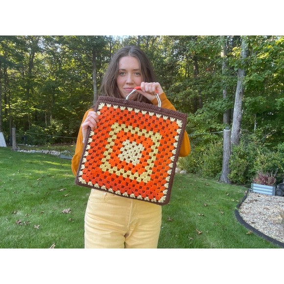 Vintage Large 15” Crochet Brown and Orange Bag - Picture 2 of 8